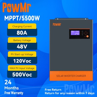 PowMr MPPT 5.5KW Pure Sine Wave Solar Hybrid Inverter ในตัว 80A / 100A ตัวควบคุมการประจุพลังงานแสงอาทิตย์รองรับ 48V Lifepo4 แบตเตอรี่ 230VAC PV อินพุต 150-500Voc รองรับแบบขนาน 12 หน่วย