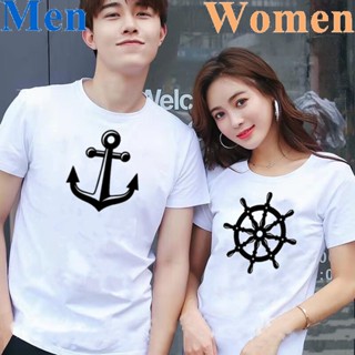 Anchor and Wheel Couple T-Shirts Summer Short Sleeve Tops Women HEART Pattern White T Shirts Valentines Day Tops L_02