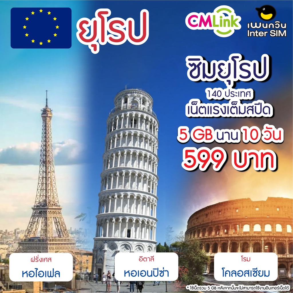 Europe Sim Card : ซิมยุโรป 5-6GB นาน 10-15วัน ซิมต่างประเทศ CM LINK