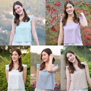 *ผ้าลินินLINEN*เสื้อแขนกุดระบาย,คอเหลี่ยม,ระบาย,ผ้าฝ้าย