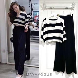 Striped knit set เสื้อครอปแขนสั้นคอปก ทอลายขวางสลับสี มาพร้อมกางเกงไหมพรมขายาวเข้าเซท