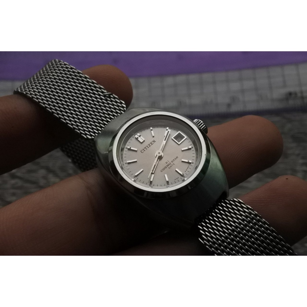 นาฬิกา Vintage มือสองญี่ปุ่น CITIZEN COSMO STAR DATE ระบบ AUTOMATIC ผู้หญิง ทรงกลม กรอบเงิน หน้าเทา หน้าปัด 27mm