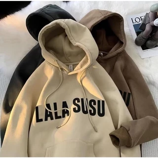 พร้อมส่ง🔥ไซซ์ M-8XL🍀เสื้อกันหนาวแขนยาว มีฮู้ด ผ้ากํามะหยี่ แบบนิ่ม พิมพ์ลายตัวอักษร LALA ทรงหลวม ขนาดใหญ่ สไตล์อเมริกัน สําหรับผู้ชาย และนักเรียน
