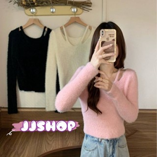 JJ shop 💜พร้อมส่ง เสื้อเปิดไหล่ขนมุ้งมิ้ง ไหมพรม ดีเทลสายเดี่ยว สีน่ารักๆพาสเทล "98128" -N