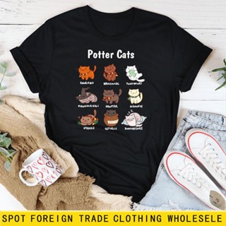 Potter Cats Rawnald Letter Cat Print New Short-sleeved T-shirt Wholesale Women O-neck T Shirt Fashion Cartoon Patte_07