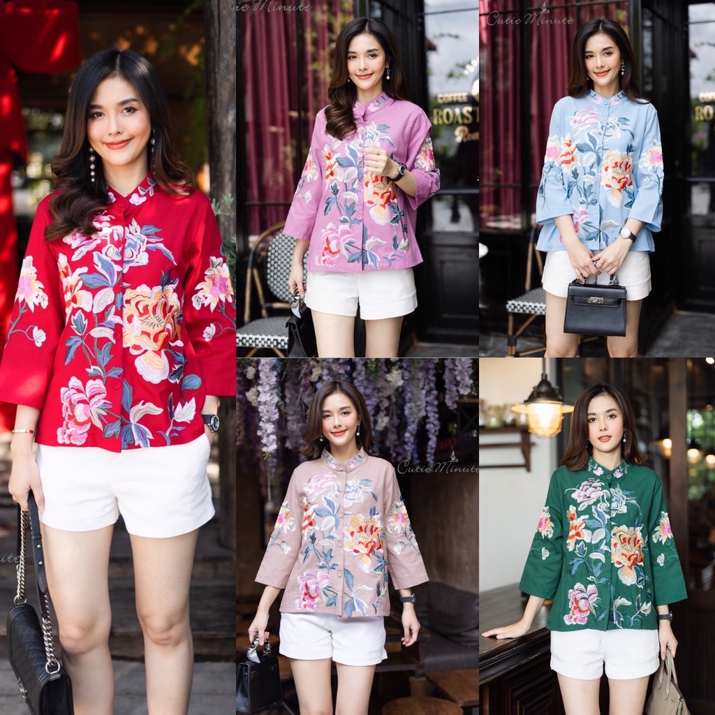 P3011 เสื้อตรุษจีน ลินิน เนื้อผ้าขึ้นลาย มีความนุ่ม เสื้อคอจีนเก๋ ผ้าดี งานปักฝีมือสวย งานปักดอกไม้เด่นๆทั่วตัว