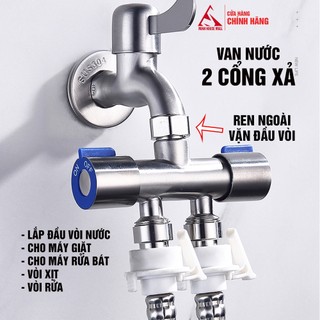 Van nước chia 2 cổng xả Chất liệu Inox 304, ren trong 20mm, 21mm và đầu chuyển khớp nối Minh House