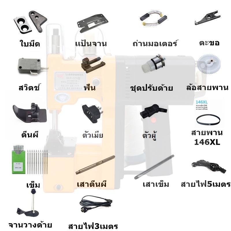 อะไหล่/อุปกรณ์เครื่องเย็บกระสอบGK-9/GK-88 ถ่าน/สายพาน/ตีนผี/ฟัน/ใบมีด/สายไฟ/เสาเข็ม/จานวางด้าย