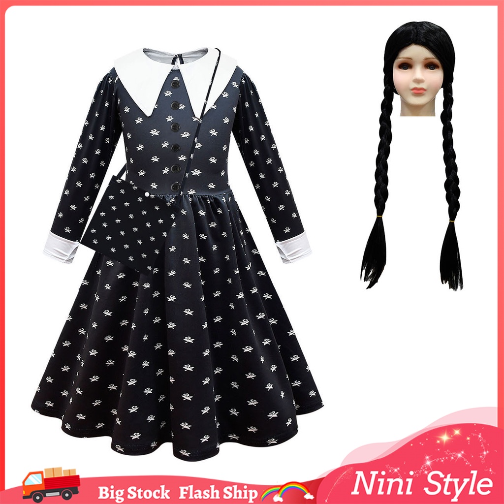 Kids Wednesday Addams Family คอสเพลย์เครื่องแต่งกาย Addams ชุดเด็กวิกผม