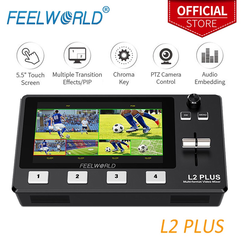 Feelworld L2 Plus 5.5 นิ้ว LCD หน้าจอสัมผัส PTZ ควบคุม Chroma Key USB3.0 เอาท์พุต คีย์โครม่าในตัว และโลโก้ Overlay USB3.0 ไลฟ์สตรีมมิ่ง หลายกล้อง วิดีโอมิกเซอร์สวิทช์