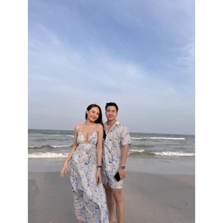 MAYFASHION ชุดคู่รัก❤️  งานเซตชุดคู่ชาย-หญิง เสื้อเชิ้ตฮาวายชายลุคสบายๆชิลๆริมทะเลกระดุมด้านหน้า มาพร้อมกับกางเกงขาสั้น