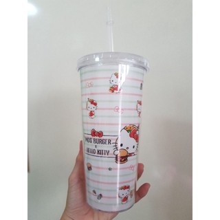 แก้วน้ำ sanrio ลายคิตตี้ แก้วน้ำพลาสติก  2 ชั้น พร้อมหลอด ขนาด 7 นิ้ว ของพรีเมี่ยม mos burger