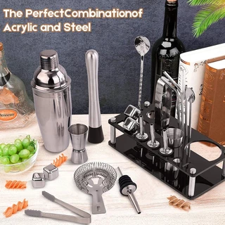 ☕☕【23 ชิ้น】 ค็อกเทล Shaker ชุดขาตั้งสแตนเลส Bartender ชุด Corkscrew Ice Tong Jigger Muddler Pourer บาร์เครื่องมือ