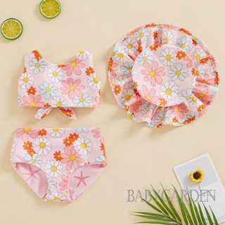 Babygarden-6 เดือน -4 ปี เด็กผู้หญิง ฤดูร้อน 3 ชิ้น ชุดว่ายน้ํา เสื้อกล้าม แขนกุด โบว์ + กางเกงขาสั้น PP ลายดอกไม้ + หมวก
