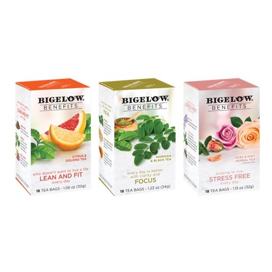 Bigelow Benefits STRESS FREE, Benefits FOCUS, and Benefits LEAN AND FIT teas