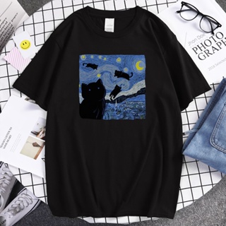 Vincent Van Gogh Starry Night Cute Cat In The Painting Prints Tshirts MaleCasual CostumesTshirts Loosetop Oversized_07