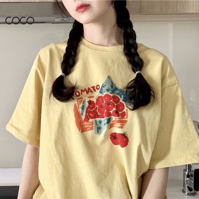 Coco~เสื้อยืด เสื้อยืดแขนสั้นเวอร์ชั่นเกาหลี พิมพ์การ์ตูนน่ารัก ท็อปส์ซูสไตล์หญิงสาว