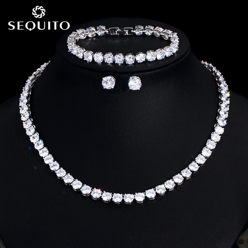 SEQUITO หรูหราโมเดิร์นเจ้าสาวเครื่องประดับทองคําขาว Paved Bling รอบ Cubic Zirconia คุณภาพสูงงานแต่งงานสร้อยคอสร้อยข้อมือต่างหูชุด JS189