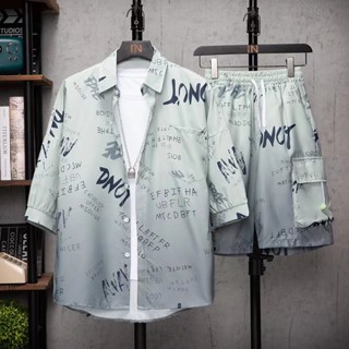 ชุดกีฬา เสื้อแขนสั้น พิมพ์ลายตัวอักษร และกางเกงขาห้าส่วน แฟชั่นฤดูร้อน สําหรับผู้ชาย ไซซ์ M - 3XL