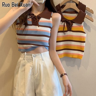 RUO BEI XUAN เสื้อยืดสตรี 2023 ใหม่สไตล์เกาหลีลายสายเดี่ยวโปโลคอปกสั้น