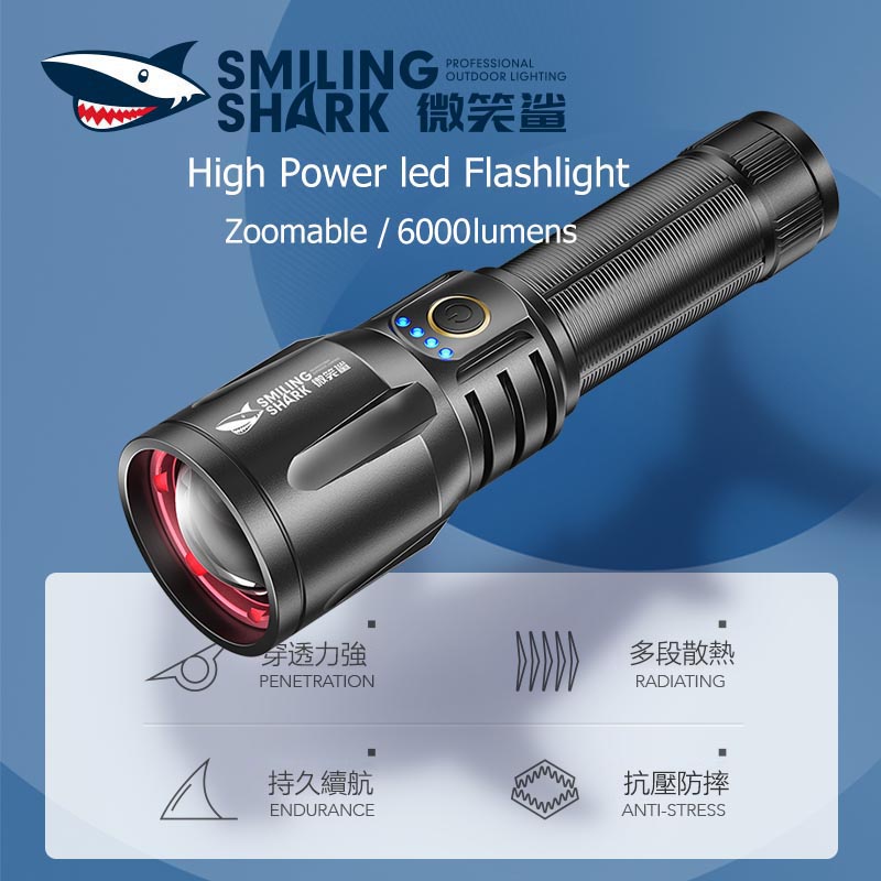 Smilingshark SD7008 ไฟฉาย led ไฟฉายพลังสูง 10000lumens ไฟฉายซูมได้ ชาร์จ USB 3 โหมดกันน้ำสำหรับการเดินป่าตั้งแคมป์กลางแจ้ง