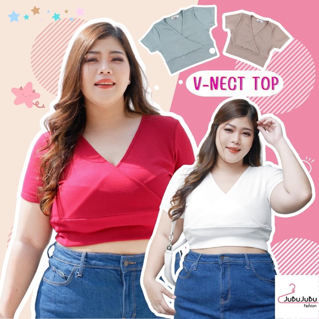 JuBu JuBu V-Neck Crop Top เสื้อครอป เสื้อสาวอวบ ผ้าร่อง หน้าอก 34-48 นิ้ว พร้อมส่ง #492