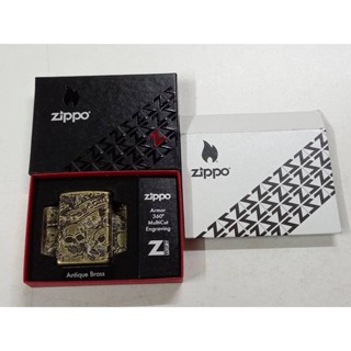 ZIPPO 49035 FREEDOM SKULL  DESIGN   ARMOR CASE 360°MULTICUT ENGRAVING  ANTIQUE BRASS   ของใหม่ มาพร้อมกล่อง ของแท้