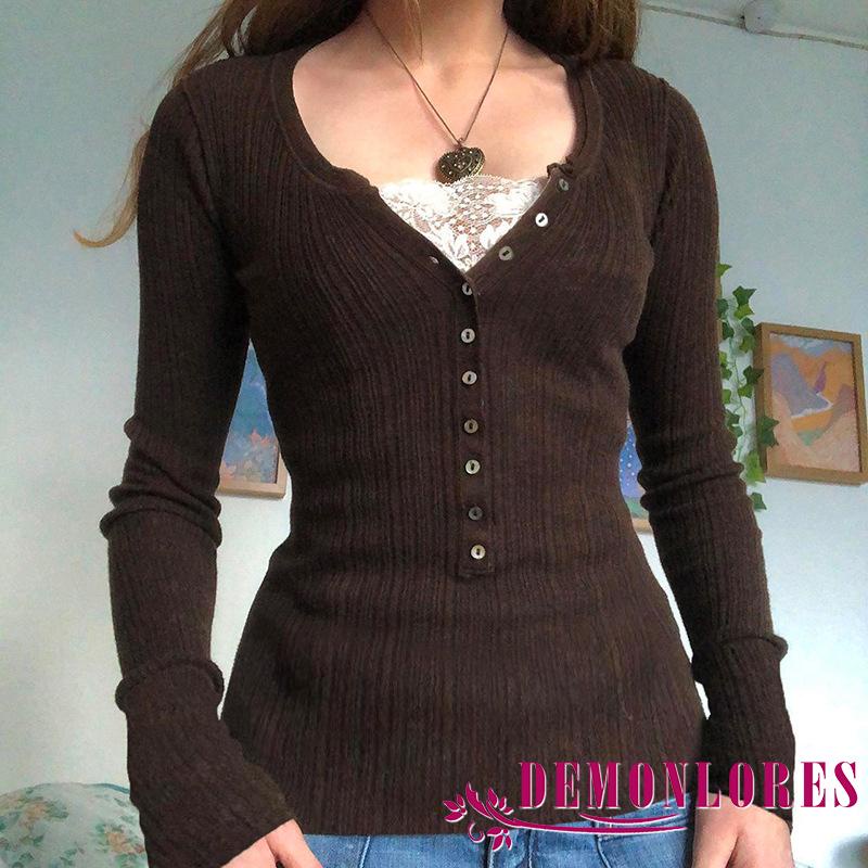 Demonlores-ผู้หญิงปุ่มด้านหน้าถักเสื้อแขนยาวลูกไม้ Patchwork Slim Fit Fairy Grunge เสื้อยืด