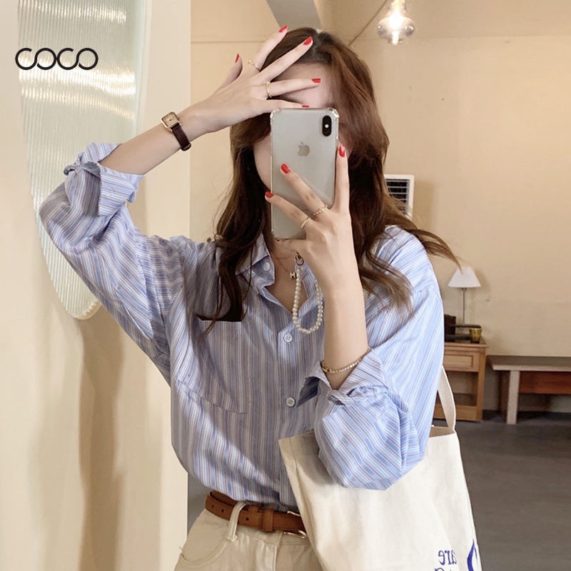 Coco~เสื้อเชิ้ตแขนยาวลายทาง  แฟชั่นผู้หญิง