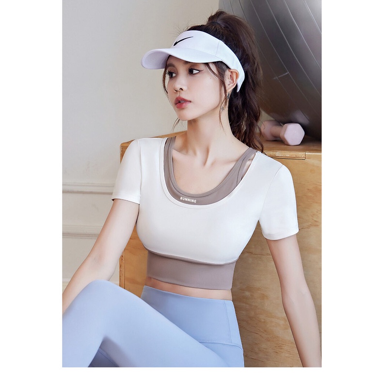 ใหม่ (YOGA-634) เสื้อออกกำลังกายผู้หญิง เสื้อครอปโยคะแขนสั้น เสื้อบราแขนสั้น แบบ 2 ชั้น สีทูโทน