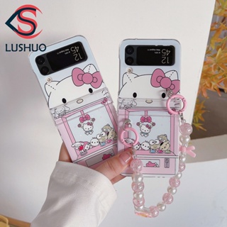 Lushuo เคสโทรศัพท์มือถือ ปิดด้านหลัง ลายตุ๊กตาคิตตี้ 3D พร้อมสายคล้องมือ สําหรับ Samsung Galaxy Z Flip 3 5G and Z Flip 4 Sanrio Z Flip3 ZFlip3 ZFlip 3 Z Flip4 ZFlip 4