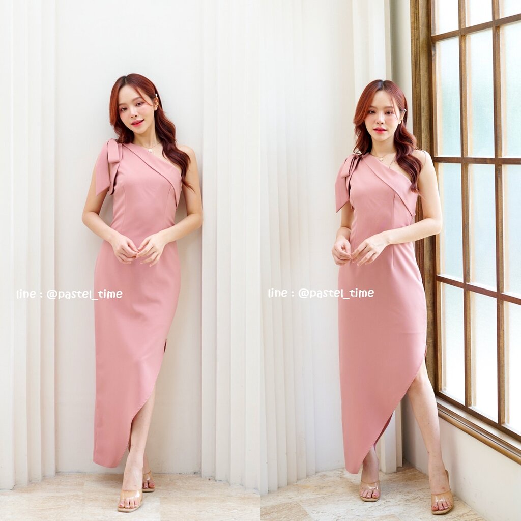 Stacey one-shoulder dress : สีชมพูกลีบบัว [Made by Pastel Time]