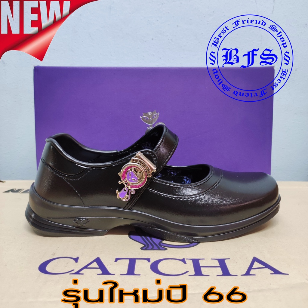 รุ่นใหม่2023 CATCHA : รองเท้านักเรียนหญิง คัชชูสีดำ หัวมน รุ่นแมวตุ้งติ้ง  !!พร้อมส่ง!!