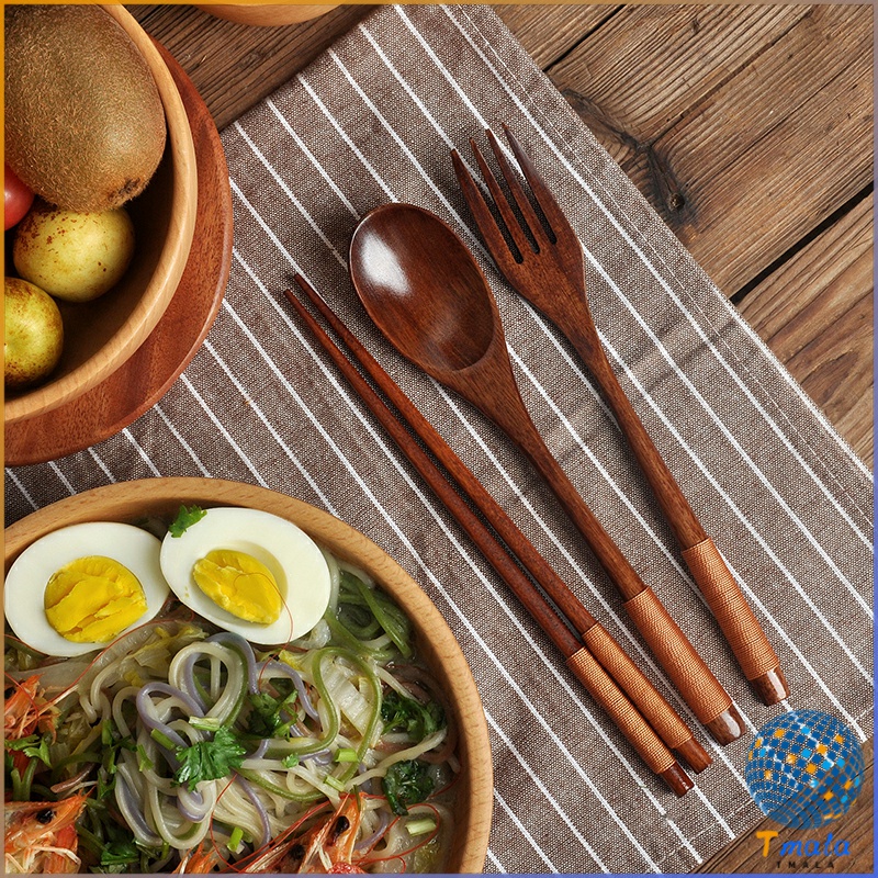 Tmala ชุดช้อนส้อม ช้อนส้อมไม้ ตะเกียบ ช้อน ส้อม  แบบพกพา สไตล์ญี่ปุ่น cutlery set - รูปที่ 3