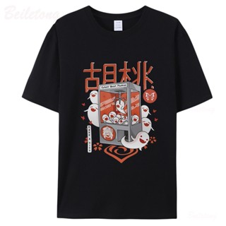 Genshin Impact T Shirt 100% Cotton Hu Tao Ghost Cartoon Vintage Print Summer Short Sleeve_03