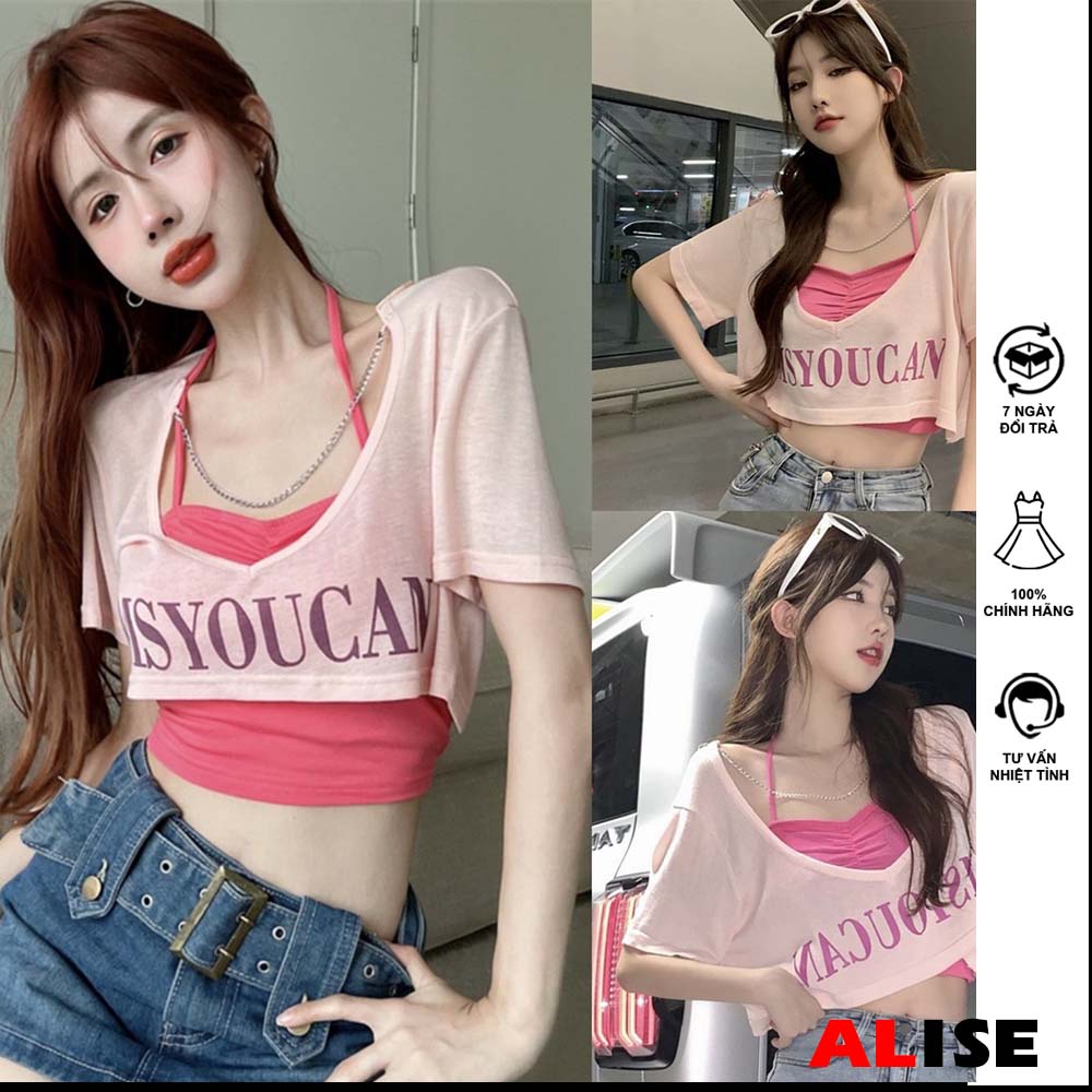 Croptop set เสื้อหลวม 2 ชิ้น ชุดเดรสสายเดี่ยวแขนยาวพร้อมเสื้อด้านในพิมพ์ลายน่ารัก (รหัส TD45) ALISE 