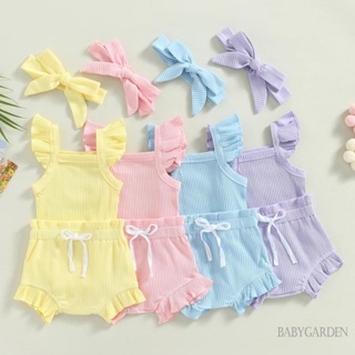 Babygarden-0-18 เดือน ชุดรอมเปอร์ แขนบิน สีพื้น + กางเกงขาสั้น แบบผูกเชือก + ที่คาดผม สําหรับเด็กผู้หญิง