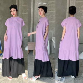 maxi dress ลดล้างสต๊อก หมดแล้วหมดเลยจ้าา เดรสแขนล้ำทรงคอจีนคอพับเย็บงานสวยลูกเล่นเย็บแต่งชั้นระบายทูโทน แต่งระบายชาย