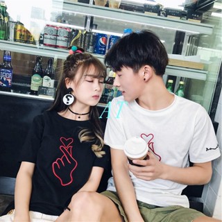 ❤AT❤Korean Couples Lovers Embroidery Love Gesture Short Sleeves T-shirts_02