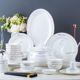 tableware ชุดจานชามเซรามิค จานชามเซรามิค ถ้วย ช้อน เซรามิคเนื้อโบนไชน่า ขาวแต่งขอบทอง สไตล์ยุโรป 1ชุด/38ชิ้น