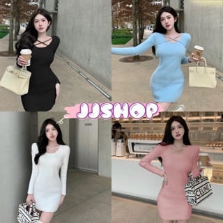 JJ shop 💜พร้อมส่ง  ชุดเดรสไหมพรมขนมุ้งมิ้ง แขนยาว ดีเทลสายคาด XX ปังๆ"29043" -N