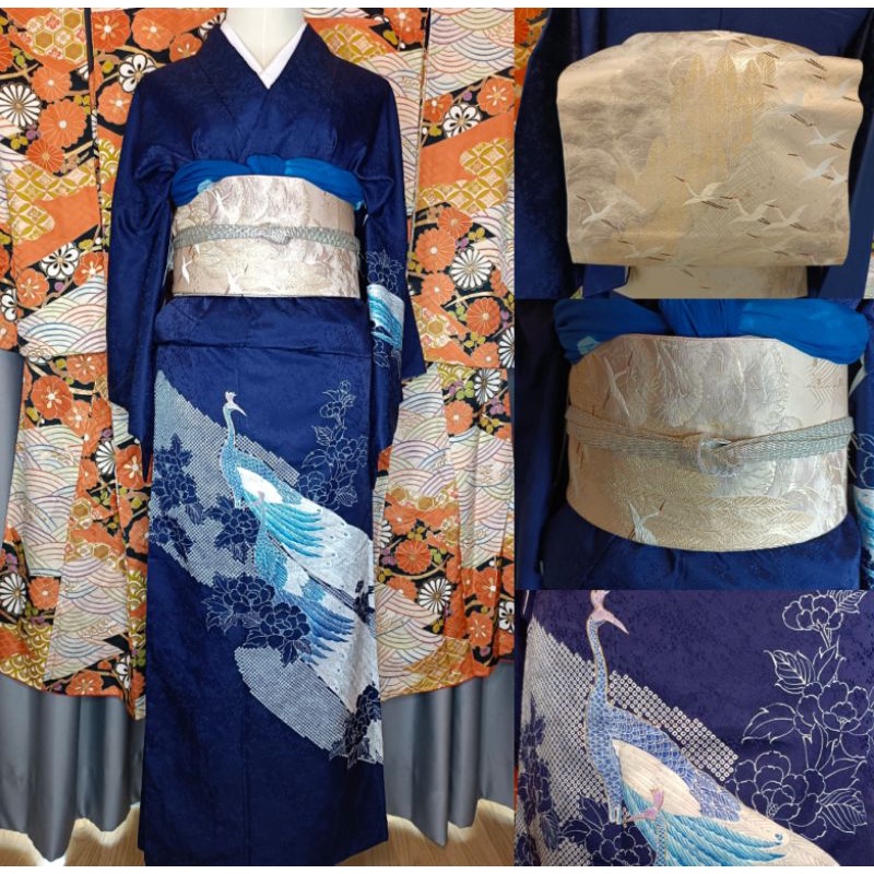 พร้อมส่ง Set Kimono กิโมโนมือสอง สีน้ำเงิน ของแท้จากญี่ปุ่น