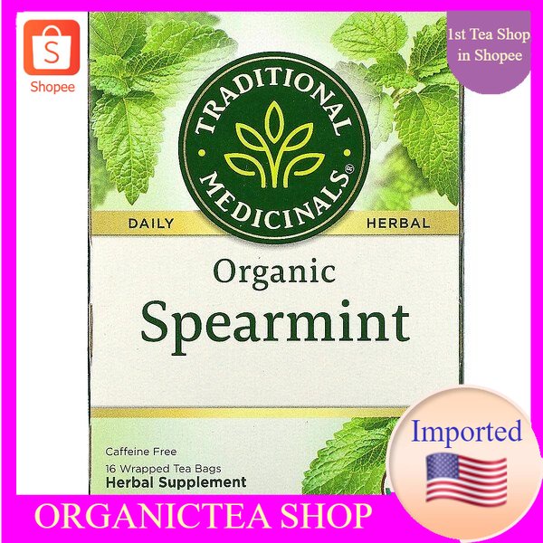 Traditional Medicinals,Organic Spearmint,Caffeine Free,16 Wrapped Tea Bags ลดสิว ลดฮอร์โมน เป็นเจ้าแรกในshopeeที่นำเข้า