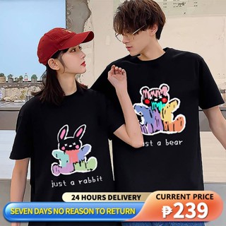 couple tshirt doodle rabbit and bear cartoon print fashion casual 180g high quality cotton black top_02