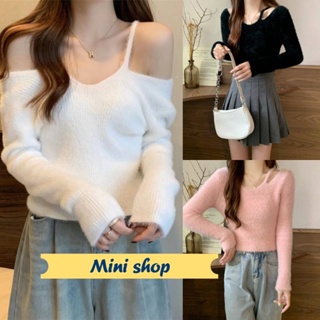 Mini shop🌸พร้อมส่ง🌸(98128) เสื้อเปิดไหล่ไหมพรม ขนมุ้งมิ้ง สีพาสเทลน่ารักคิ้วมาก