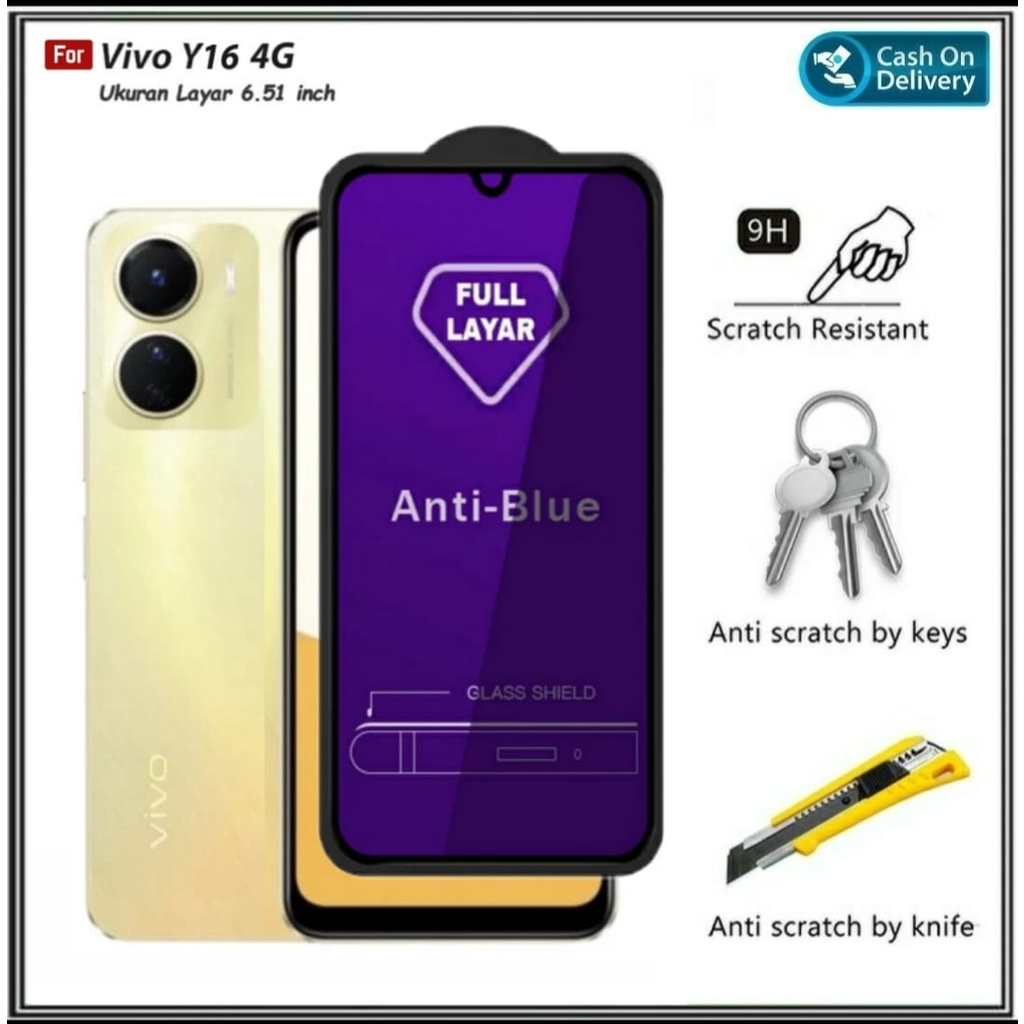 LAYAR Riyanali_Shop กระจกนิรภัยคลุมทั้งหมดป้องกันแสงสีฟ้าสําหรับ Vivo Y16 4G / Y35 / Y02 / Y02S / Y2