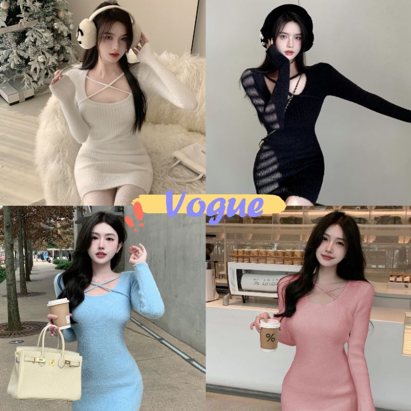 Vogue พร้อมส่ง ชุดเดรสไหมพรมแขนยาว+ขนมุ้งมิ้ง ดีเทลสายคาดXXด้านหน้า (29043) -C -N