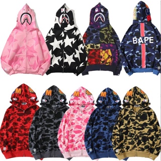 Bape เสื้อกันหนาวลําลอง แขนยาว แฟชั่นสําหรับผู้ชาย และผู้หญิง Bape เสื้อกันหนาวมีฮู้ดเนื้อผ้าฝ้ายแฟชั่นพิมพ์ลายสําหรับผู้หญิงและผู้ชาย