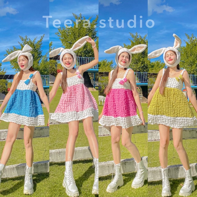 Teera พร้อมส่ง Kitty Dress เดรสผ้าป๊อปคอร์น ซับในทั้งชุด ทรงคิตตี้หวานๆ ติดโบว์น่ารักมากก