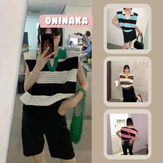 Oninaka เสื้อไหมพรม น่ารักสดใสลายทาง  เสื้อเชิ้ตหญิง เสื้อแฟชั่นผญ A1065#